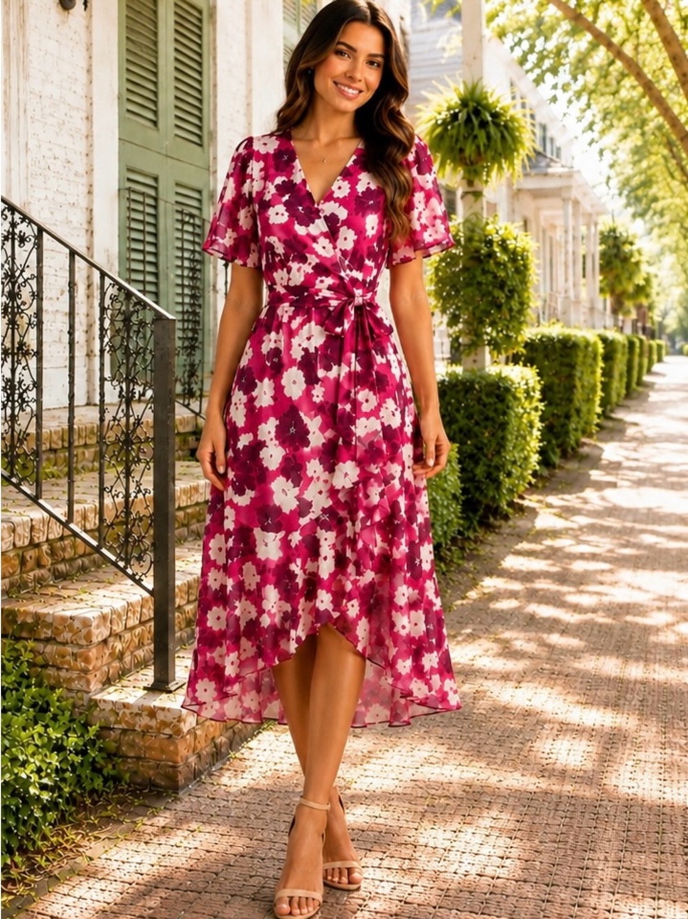 Tanya Taylor Blaire Floral Wrap Midi Dress Magenta Size 2 MSRP $545